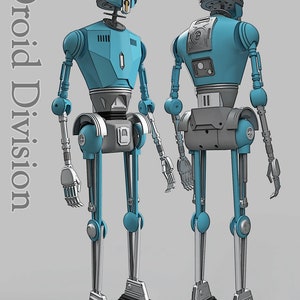 May include: A digital illustration of two blue and grey humanoid robots shown from the front and back angles. The text Droid Division is printed vertically on the left side. The robots feature articulated limbs, rounded joints, and flat feet.