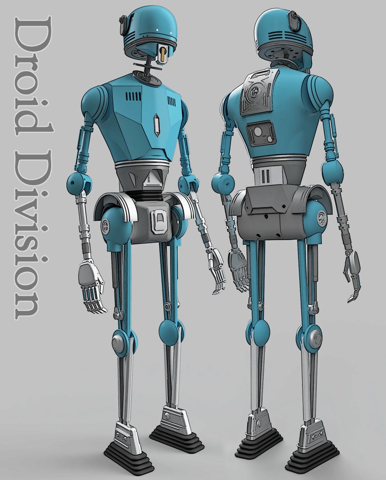May include: A digital illustration of two blue and grey humanoid robots shown from the front and back angles. The text Droid Division is printed vertically on the left side. The robots feature articulated limbs, rounded joints, and flat feet.