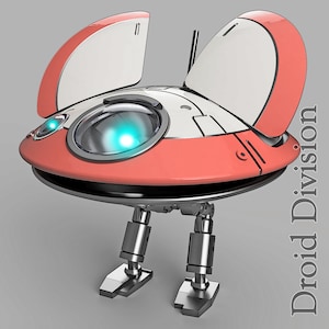 May include: A white and pink robot with two large, open wings. The robot has a round body with a large, clear dome on top. The robot has two silver legs with black feet.