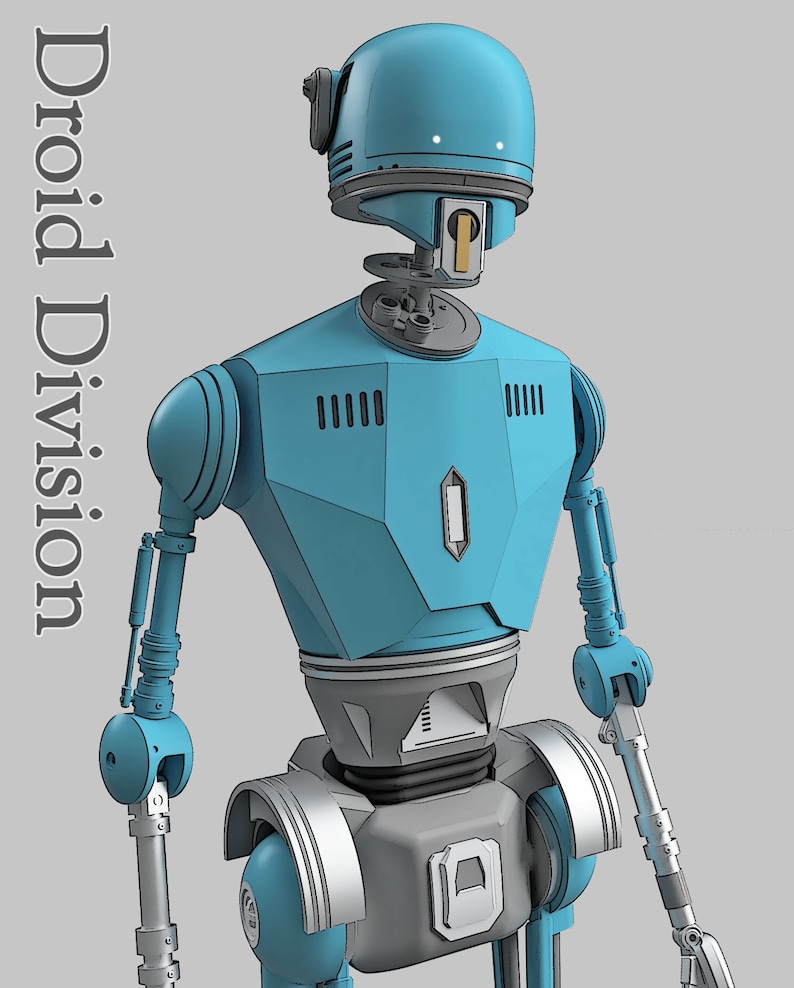 May include: A blue and gray robot figure with a rounded head, two small white eyes, and a vertical rectangular mouth piece. The torso features a central hexagonal emblem and vertical vents. The text Droid Division is printed vertically.