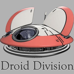 May include: A red and white droid with two open panels and a large lens. The droid is on a grey background with the text "Droid Division" below it.