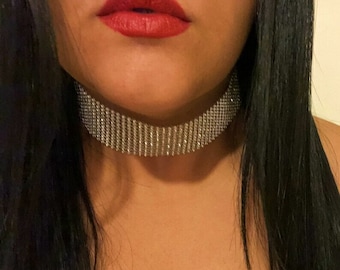 Rhinestone Choker, Thick Silver Collar, 12 Rows Choker, Clear Necklace, Wedding Choker, Bridal Collar, Multi Layer Choker, Mature