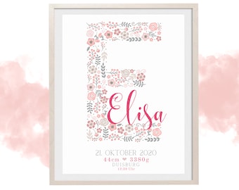 Flowers monogram pink, birth poster girl, name picture
