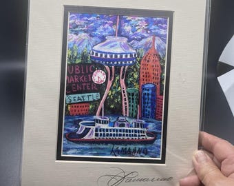 Signed Joseph Lamanno Framed Matted Pastel Print “Seattle Space Needle”