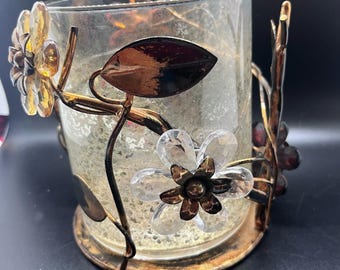 Pier 1 Floral Metal Large Candle Holder Faux Gem Flowers Topaz Gold Retro (2)
