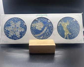 Joan Baker Design Christmas Ornament Set of 3 Hand Painted 4" Round Blue White