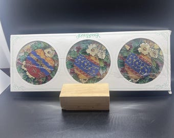 Set of 3 Joan Baker Greenery Hand Painted Glass Suncatcher Christmas Ornaments 4” 2002 NEW!