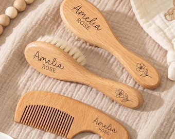 Custom Unisex Wooden Hair Brush and Comb Set, Personalized Baby Hairbrush Set, Custom Birth Flower Engraved Name Grooming Kit