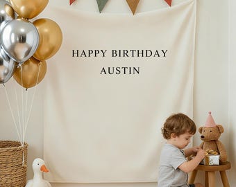 Banner de cumpleaños personalizado, banderín con nombre personalizado, letrero de tela, fondo de cumpleaños para exteriores