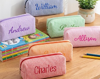 Back to School Personalized Striped Pencil Pouch, Custom Embroidered Name Seersucker Pencil Case, Kids School Supply Zipper Bag Gift