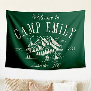 Camp Bachelorette Banner Tapestry, Custom Bachelorette Banner, Personalized Camping Bach Flag, Camp Bachelorette Party Photo Backdrop