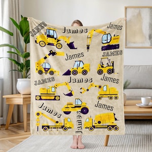 Excavator Blanket, Truck Baby Boy Blanket, Kids Construction Toy Design Blanket, Custom Name Blanket, Kids Blanket, Birthday Gift Idea