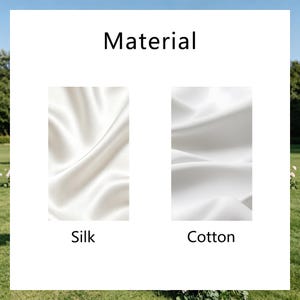 Puede incluir: Imagen que muestra dos muestras de tela: seda y algod&oacute;n. La muestra de seda es de un blanco roto cremoso, con pliegues suaves. La muestra de algod&oacute;n es de un blanco brillante, tambi&eacute;n con pliegues suaves. La palabra "Material" est&aacute; en la parte superior, con "Silk" y "Cotton" debajo.