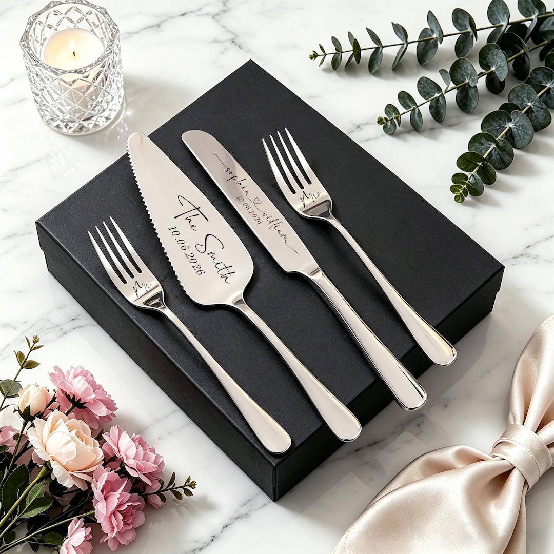 Engraved Silver Cake Cutting Set, Personalized Wedding Cake Server Set with Forks, Custom Mr & Mrs Cake Knife and Server, Gift for Couples - S4