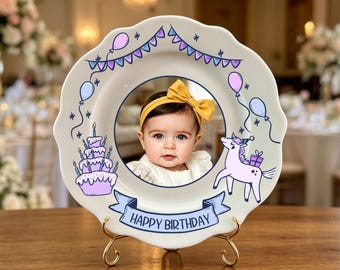 Custom Baby Photo Birthday Plate, Personalized Happy Birthday Keepsake Plate, Custom Picture Gift for Baby First Birthday