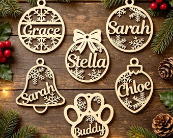 Custom Name Wooden Christmas Ornament, Personalized Laser Cut Christmas Bauble, Christmas Gift Tag, Christmas Tree Decor, Wood Xmas Decor