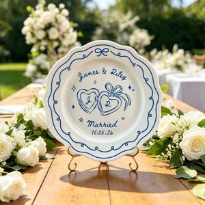 Custom Wedding Couple Ceramic Plate, Personalized Engagement Keepsake Plate, Custom Names Date Wedding Gift, Custom Line Art Marriage Decor