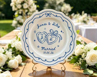 Custom Wedding Couple Ceramic Plate, Personalized Engagement Keepsake Plate, Custom Names Date Wedding Gift, Custom Line Art Marriage Decor
