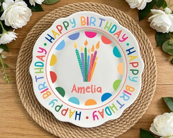 Personalized Kids Birthday Plate, Custom Name Happy Birthday Plate, Custom Ceramic Keepsake Gift for Boys Girls