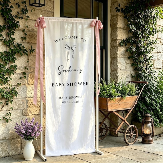 Personalized Bow Baby Shower Welcome Banner, Custom Fabric Baby Shower Sign, Baby Girl Shower Backdrop, Baby Shower Entrance Decor