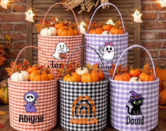 Personalized Halloween Trick or Treat Bucket, Custom Kids Halloween Candy Basket, Gingham Halloween Treat Bag, Custom Name Halloween Gift