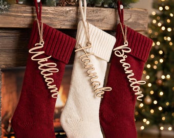 Personalized Wooden Christmas Stocking Name Tag, Custom Laser Cut Name Ornament, Family Christmas Decor, Stocking Name Tag