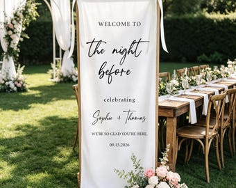 Letrero de bienvenida personalizado para la noche anterior a la boda, pancarta de tela para la cena de ensayo, decoración de boda personalizada