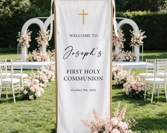 Pancarta de bienvenida personalizada para la Primera Comunión, telón de fondo personalizado para la Primera Comunión con nombre, letrero para la celebración de un hito religioso.