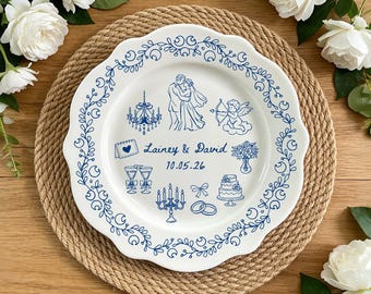 Personalisierter Hochzeit Andenken Platte, Benutzerdefinierte Blaue Blumenkeramik Hochzeitsplatte mit Namen & Datum, Hochzeitsgeschenk, Verlobung, Jahrestag Dekor
