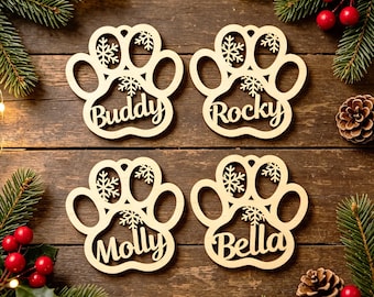 Personalized Dog Paw Christmas Ornament, Custom Pet Name Wooden Ornament, Cat Paw Print Christmas Tree Decor, Pet Lover Keepsake Xmas Gift