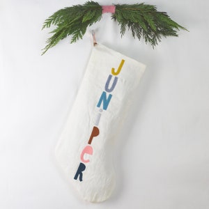 White Personalized Christmas Stocking, Rainbow Christmas Stocking, Mid Century Modern Christmas Stocking, Linen Stocking