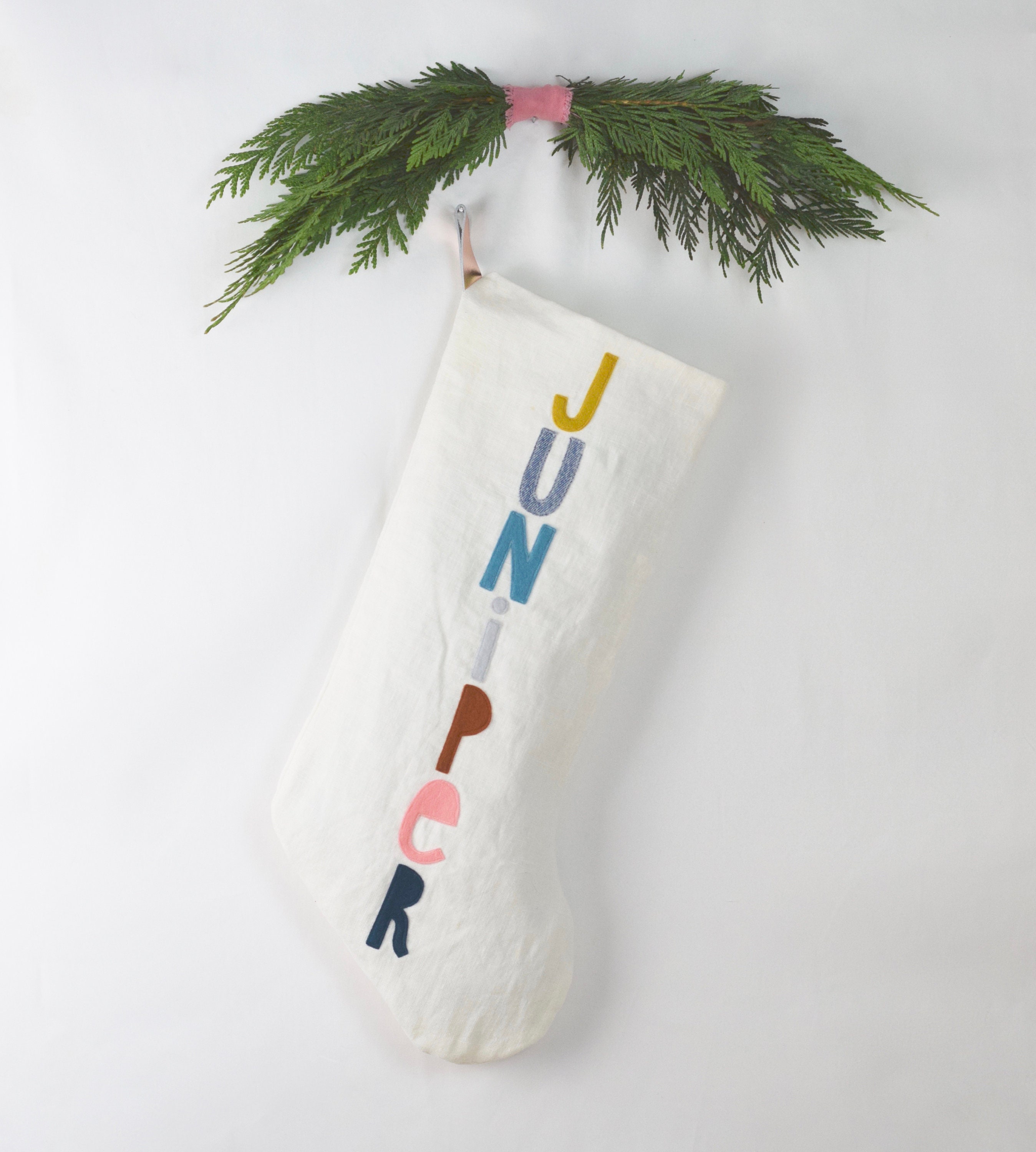 Bas de Noel Personnalisés Blancs, Bas d'arc-En-Ciel, Modernes Mi-Siècle, Lin