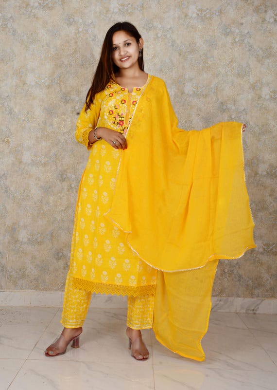 Exclusive Floral Embroidered Cotton Printed Kurti With Printed Palazzo and Lace Work Dupatta Set Printed Cotton Kurti Palazzo Suits Etsy