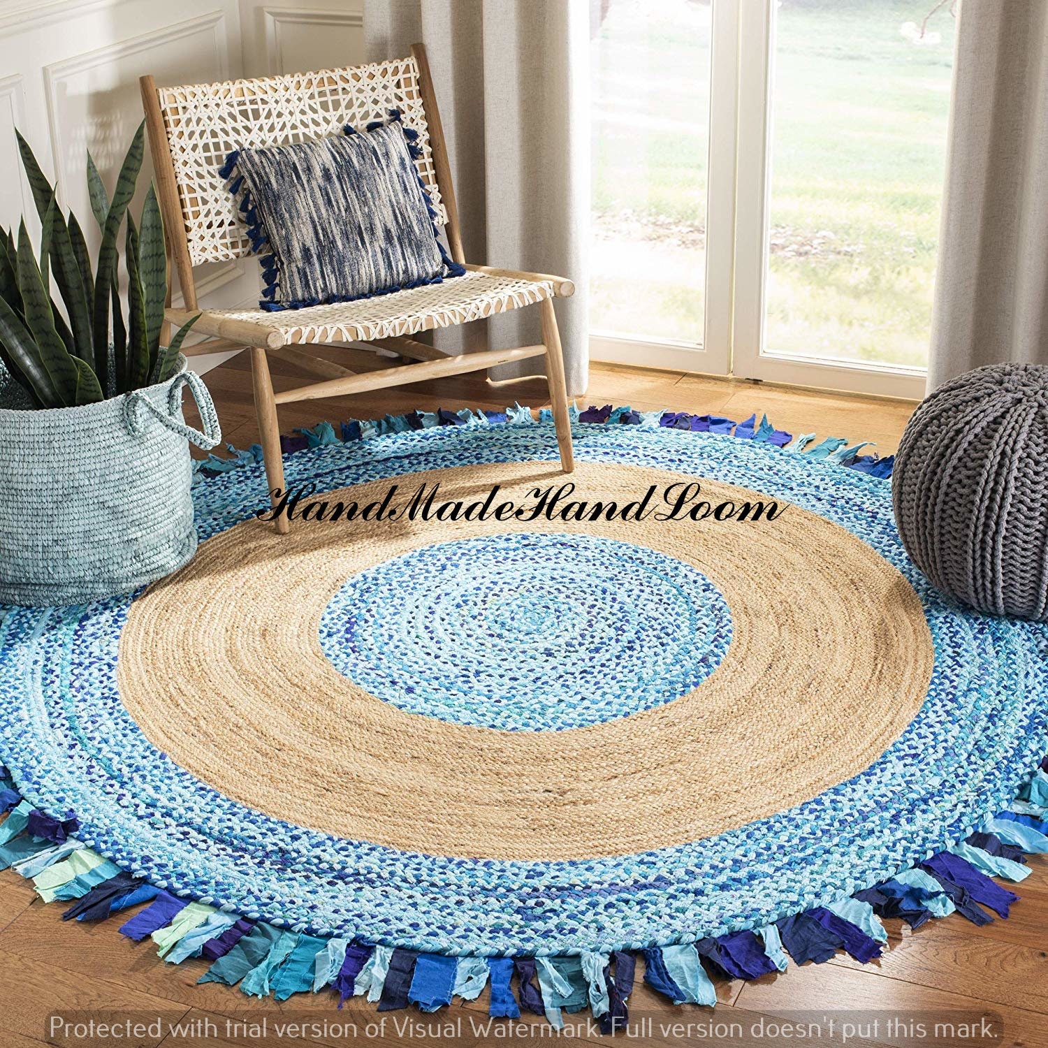Handmade Dhurrie 4 x 4 ft Braided Floor Round Indian Jute Cotton Mats Rag Rugs Handmade Dhurrie 4 x 4 ft Braided Floor Round Indian Jute Cotton Mats Rag Rugs