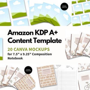 Könnte beinhalten: Ein Bild, das eine Amazon KDP A+ Content-Vorlage mit 20 Canva-Mockups für ein 19,05 cm x 23,5 cm großes Notizbuch zeigt. Das Design umfasst verschiedene Notizbuchumschläge mit Illustrationen und den Text "Bump sales by customizing and adding this template to your Amazon KDP (note)books!"