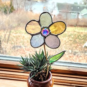 Pastel Flower Stained Glass, Flower Garden Decor, Gift For Plant Lover, Garden Glass Art, Garden Stakes, House Plant Decoration