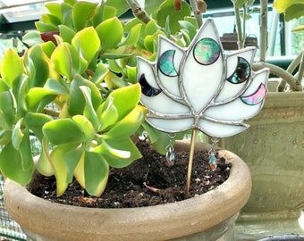 Garden Glass Decor, Lotus Glass, Gift for Plant Lover, Flower Plant Stake, Garden Decor Stained Glass, Plant Stake, Lotus Vibes