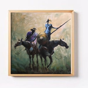 Original Acrylic Art of Don Quixote knight on Horse, famous literary character, square painting on stretched canvas, unique gift for man