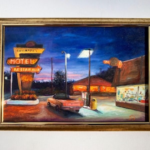 Dipinto ad olio su tela di arte americana d'epoca, paesaggio urbano retrò, scena di strada, hotel notturno, incorniciato in oro o senza cornice, opera d'arte originale firmata, auto retrò