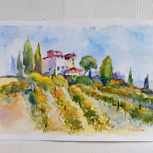 Original watercolor painting/Free shipping/ Landscape Italian village/ Tuscane painting/ Vineyard landscape