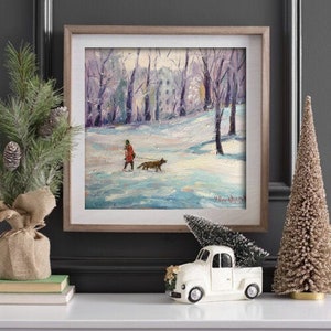 Oil painting Original winter cityscape scene with Abstract Human and dog Impressionism landscape Snow Painting winter landscape Art Human