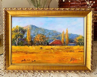 Autumn Farm Landscape Rustic Miniature Artwork Golden Field with Barn Impressionist Country Decor Original 4x6 Oil Painting