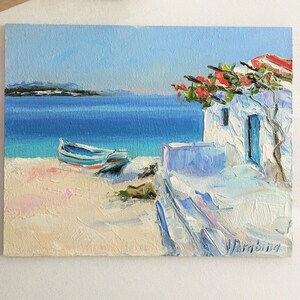 Pequeña pintura al óleo original, pintura en miniatura de una casa con un barco en la orilla del mar, mar mediterráneo, paisaje, pueblo griego, paisaje marino