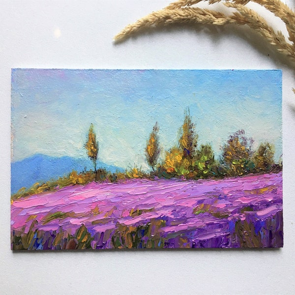Tiny original oil painting,miniature mediterranean landscape,lavender flower field,Рrovence fields,impressionism mini art,4x6 inches