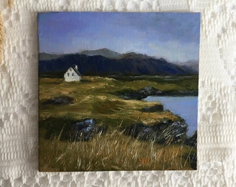 Tiny original oil painting,Scotland painting,Norway art,coastal painting,steep mountain painting,Serene art work,fjords wall art,countryside