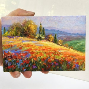 Tiny original oil painting, miniature Italian landscape, poppy field in Tuscany, flower poppy field, impressionism mini painting,4x6 inches