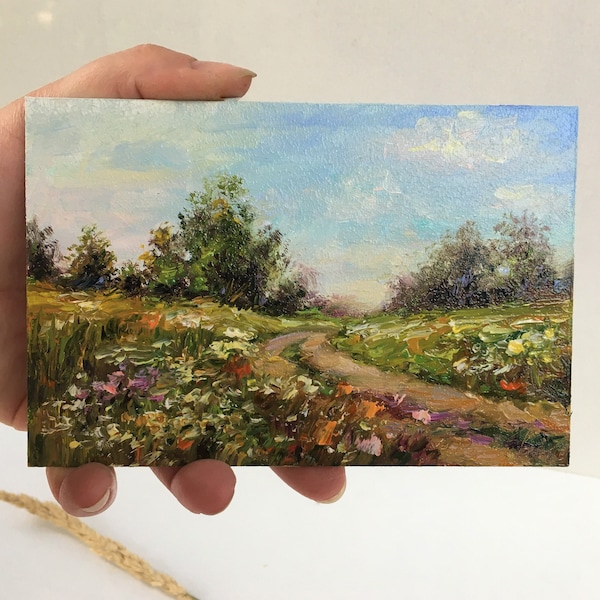 Piccolo dipinto ad olio originale con paesaggio estivo di campi di fiori strada di campagna e alberi, campo di papaveri fiori, impressionismo 4x6 mini arte