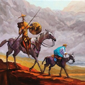 May include: A painting of two figures on horseback riding through a mountainous landscape. The figure in the foreground is wearing a golden suit of armor and a pointed hat, while the figure in the background is wearing a blue tunic. The sky is a cloudy gray.