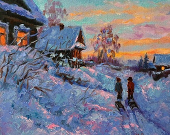 Winterszene mit Kindern Original Ölgemälde Schlitten russische Landschaft Impressionismus Landschaft Schnee Gemälde Stadtbild Kunst Kindheit