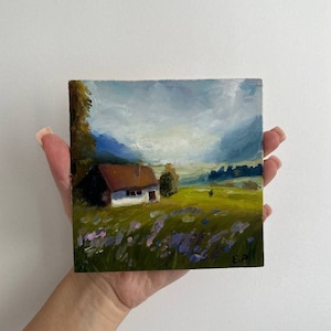 Pequeña pintura al óleo original casa de arte en miniatura en la montaña Verano Paisaje en miniatura impresionista Pequeño arte Flores y arte de las tierras altas de campo